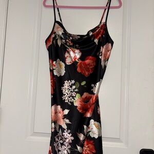 Bebe Black Satin Dress with Floral Accents